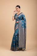 Snuggle Spot Women's Banarasi Silk Printed Saree With Unstitched Blouse 5.5Mtr (Teal Blue)