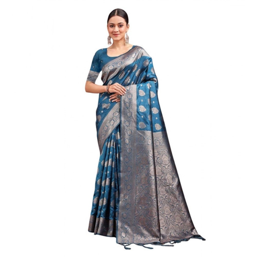 Snuggle Spot Women's Banarasi Silk Printed Saree With Unstitched Blouse 5.5Mtr (Teal Blue)
