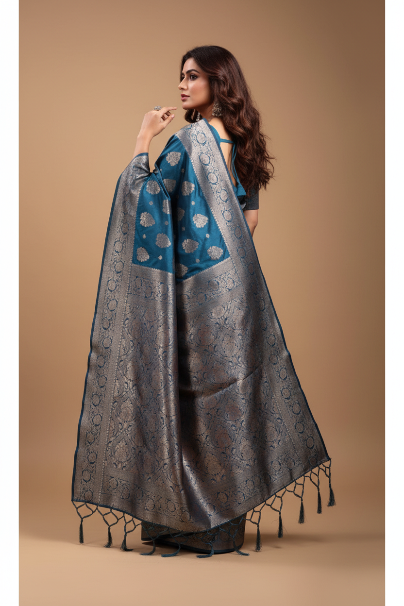 Snuggle Spot Women's Banarasi Silk Printed Saree With Unstitched Blouse 5.5Mtr (Teal Blue)