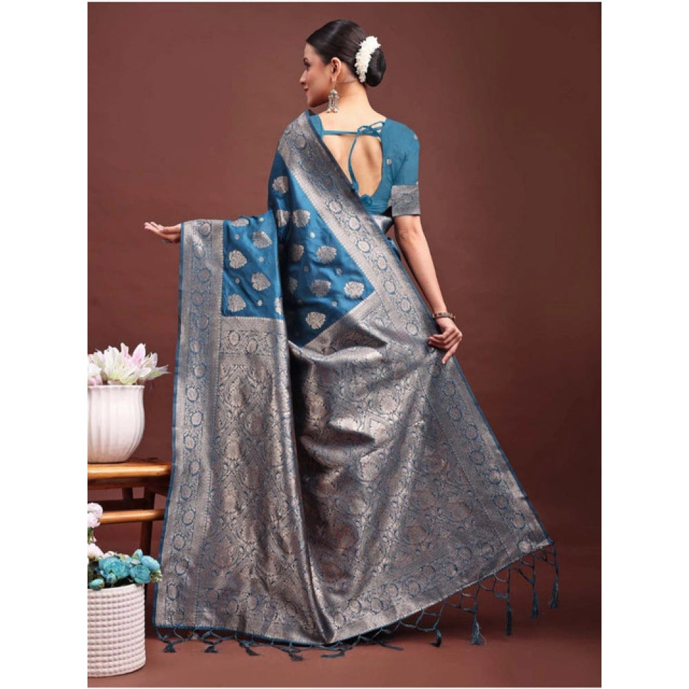 Snuggle Spot Women's Banarasi Silk Printed Saree With Unstitched Blouse 5.5Mtr (Teal Blue)