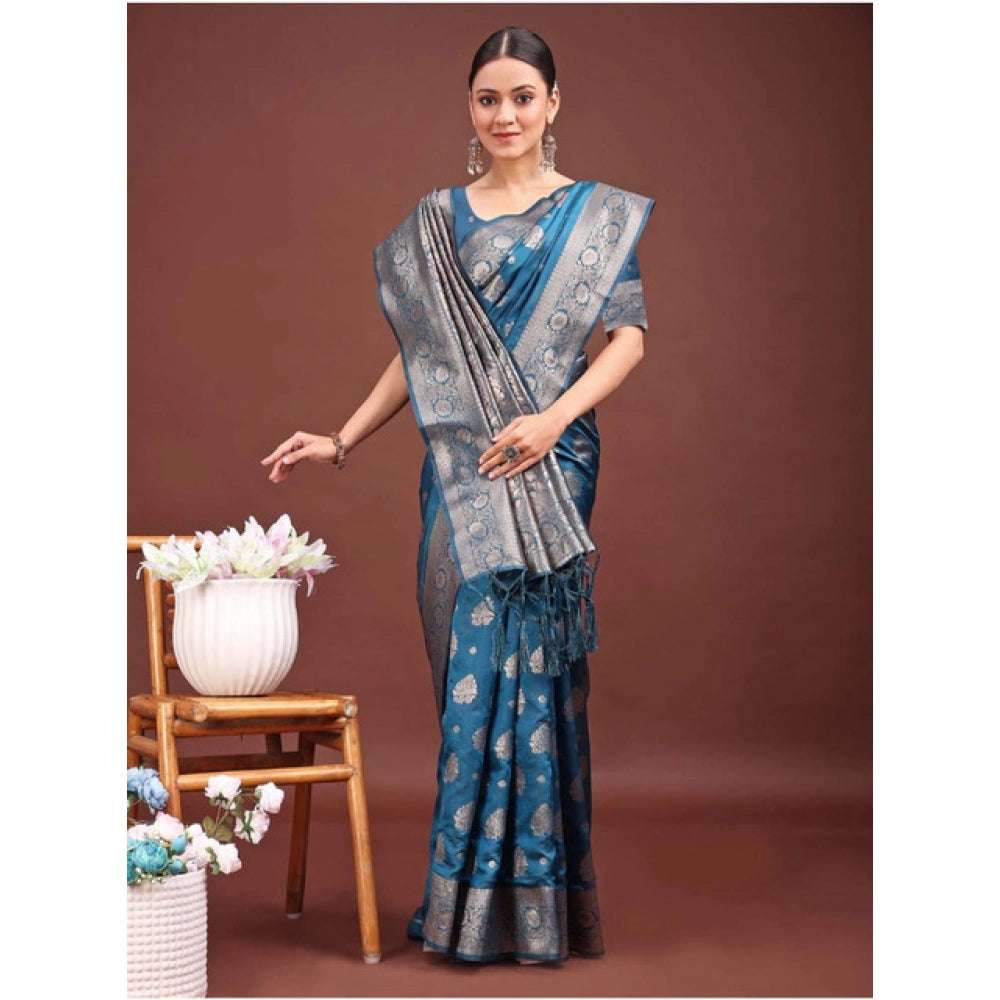 Snuggle Spot Women's Banarasi Silk Printed Saree With Unstitched Blouse 5.5Mtr (Teal Blue)