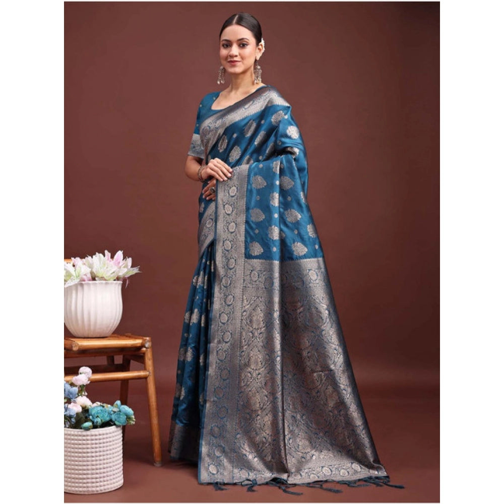 Snuggle Spot Women's Banarasi Silk Printed Saree With Unstitched Blouse 5.5Mtr (Teal Blue)