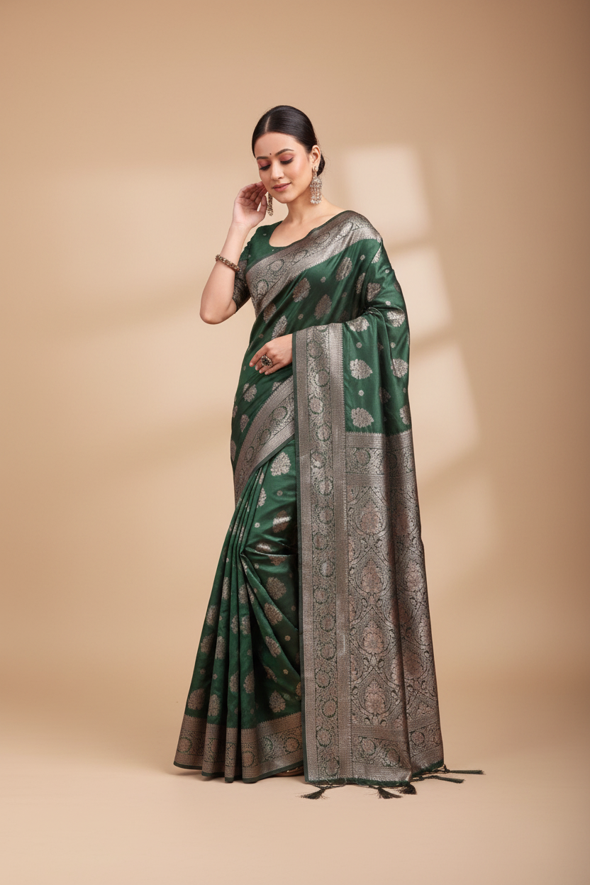 Snuggle Spot Women's Banarasi Silk Printed Saree With Unstitched Blouse 5.5Mtr (Dark Green)