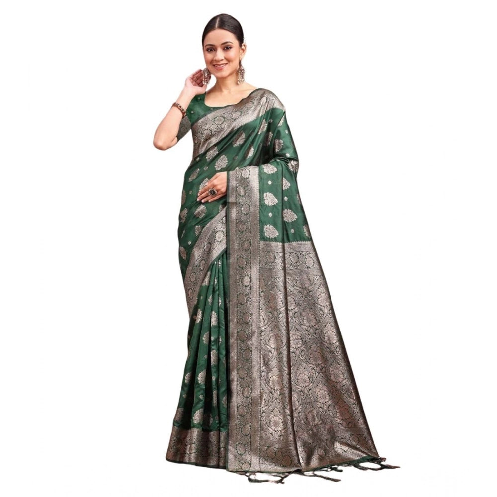 Snuggle Spot Women's Banarasi Silk Printed Saree With Unstitched Blouse 5.5Mtr (Dark Green)