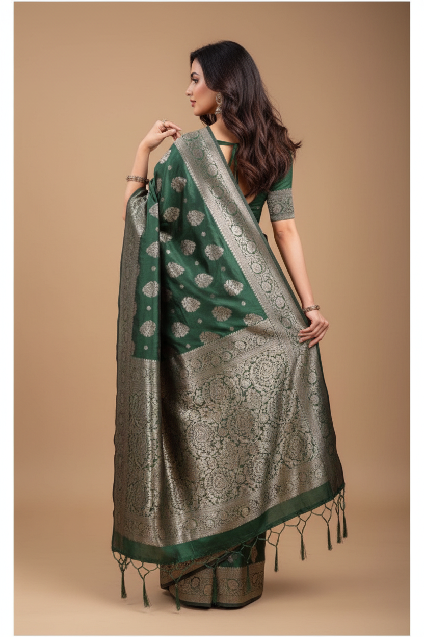 Snuggle Spot Women's Banarasi Silk Printed Saree With Unstitched Blouse 5.5Mtr (Dark Green)