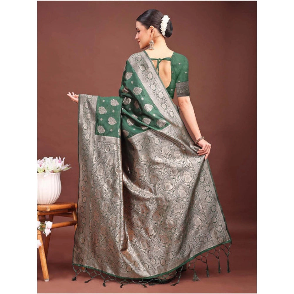 Snuggle Spot Women's Banarasi Silk Printed Saree With Unstitched Blouse 5.5Mtr (Dark Green)