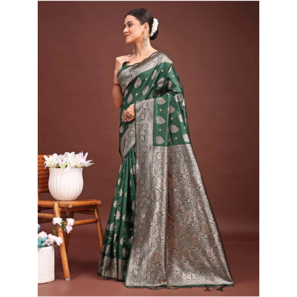 Snuggle Spot Women's Banarasi Silk Printed Saree With Unstitched Blouse 5.5Mtr (Dark Green)