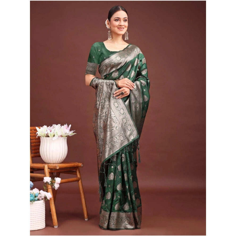 Snuggle Spot Women's Banarasi Silk Printed Saree With Unstitched Blouse 5.5Mtr (Dark Green)
