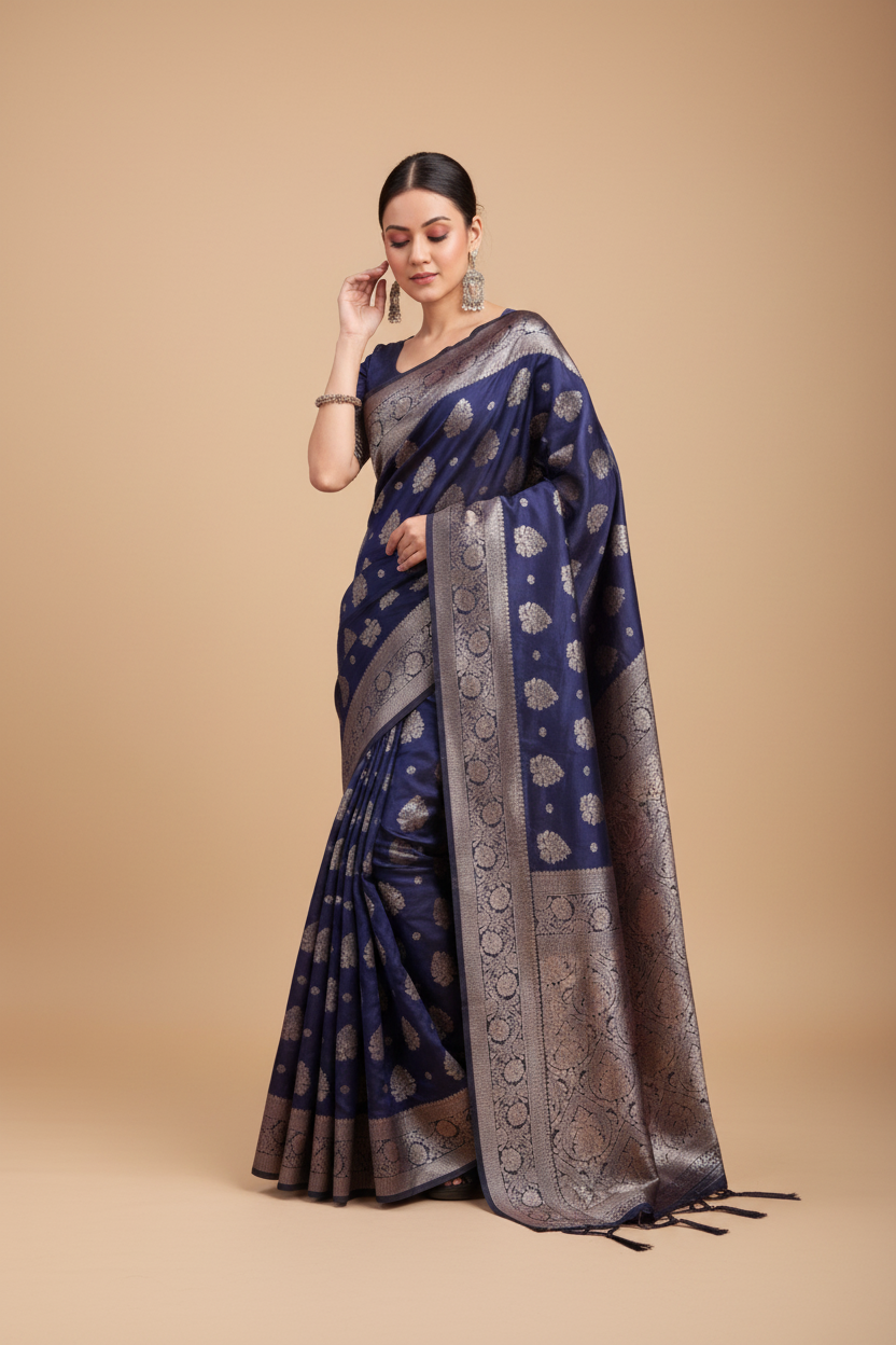 Snuggle Spot Women's Banarasi Silk Printed Saree With Unstitched Blouse 5.5Mtr (Navy Blue)
