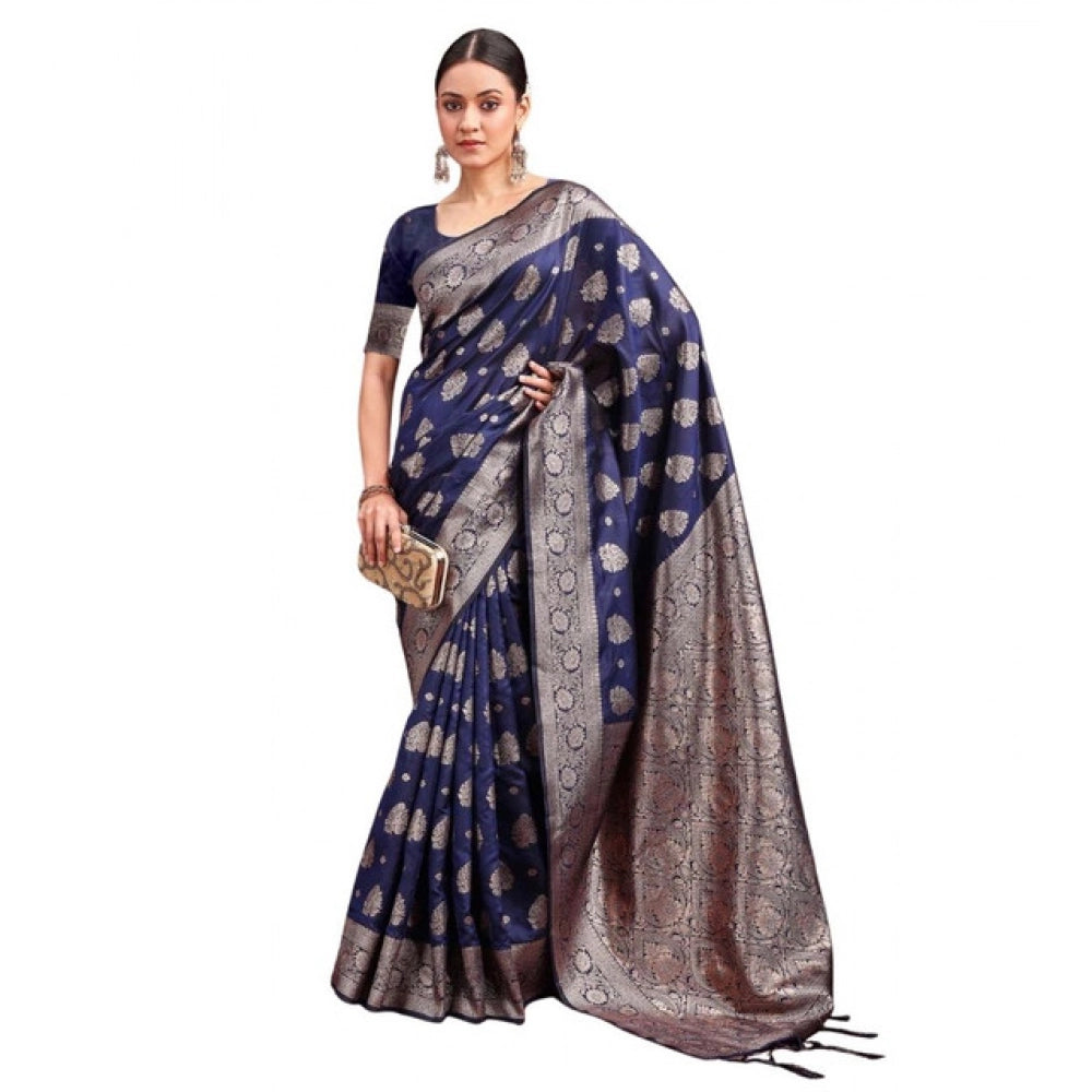 Snuggle Spot Women's Banarasi Silk Printed Saree With Unstitched Blouse 5.5Mtr (Navy Blue)