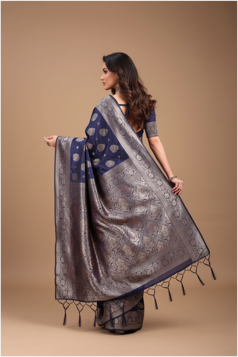 Snuggle Spot Women's Banarasi Silk Printed Saree With Unstitched Blouse 5.5Mtr (Navy Blue)