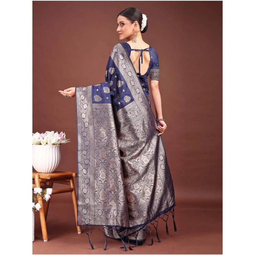 Snuggle Spot Women's Banarasi Silk Printed Saree With Unstitched Blouse 5.5Mtr (Navy Blue)