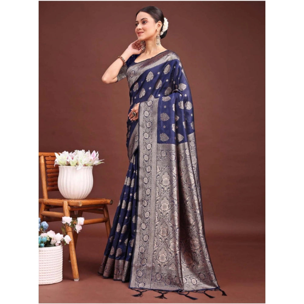 Snuggle Spot Women's Banarasi Silk Printed Saree With Unstitched Blouse 5.5Mtr (Navy Blue)