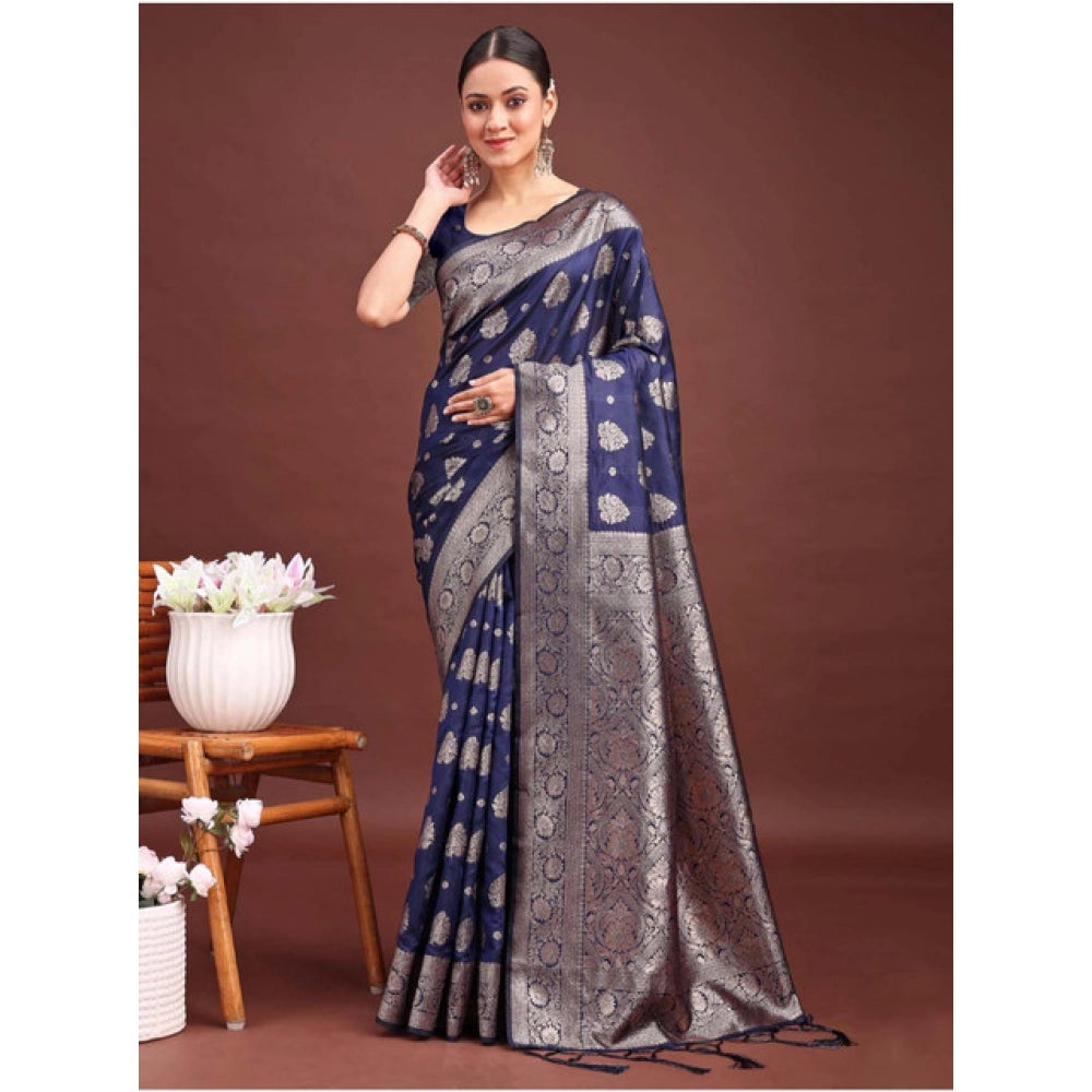 Snuggle Spot Women's Banarasi Silk Printed Saree With Unstitched Blouse 5.5Mtr (Navy Blue)