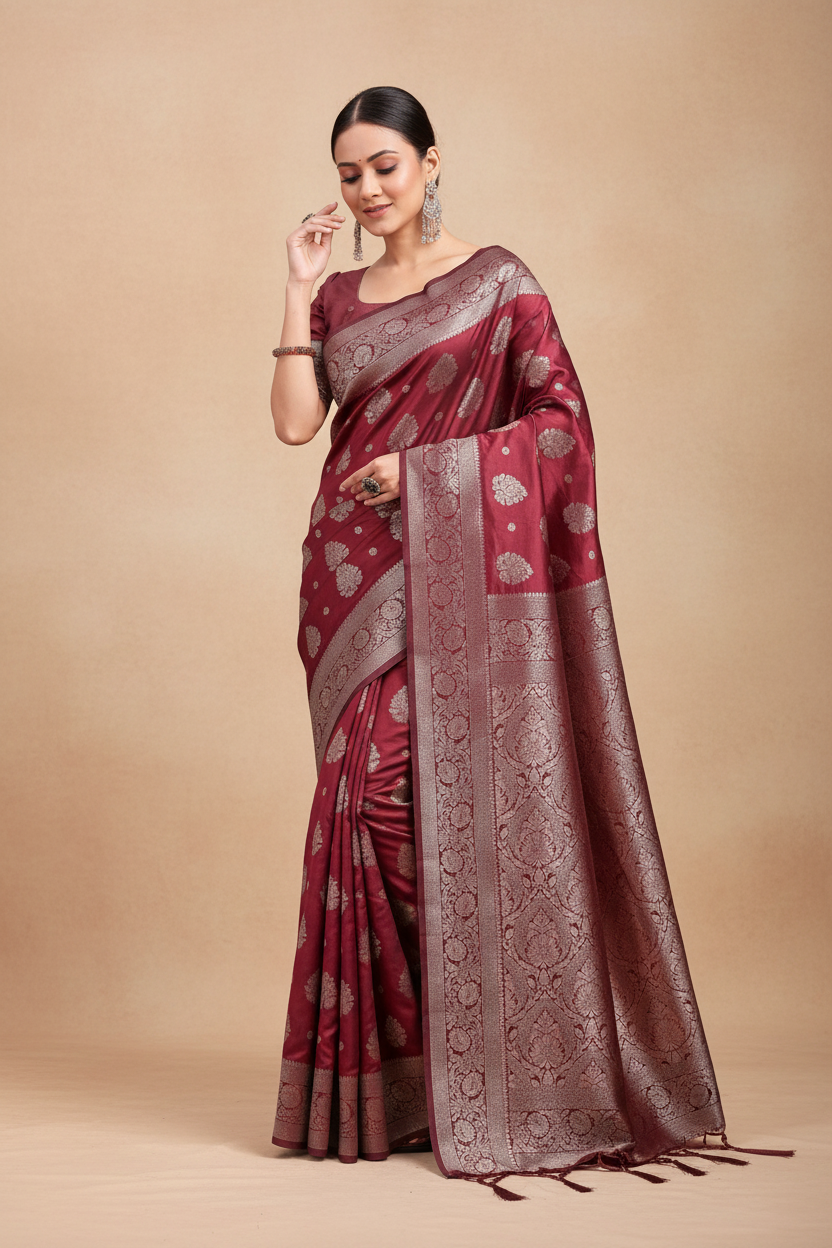 Snuggle Spot Women's Banarasi Silk Printed Saree With Unstitched Blouse 5.5Mtr (Maroon)