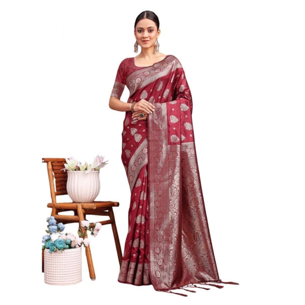 Snuggle Spot Women's Banarasi Silk Printed Saree With Unstitched Blouse 5.5Mtr (Maroon)