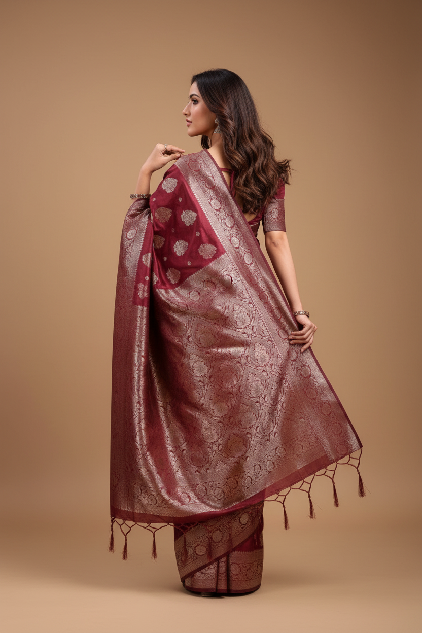 Snuggle Spot Women's Banarasi Silk Printed Saree With Unstitched Blouse 5.5Mtr (Maroon)
