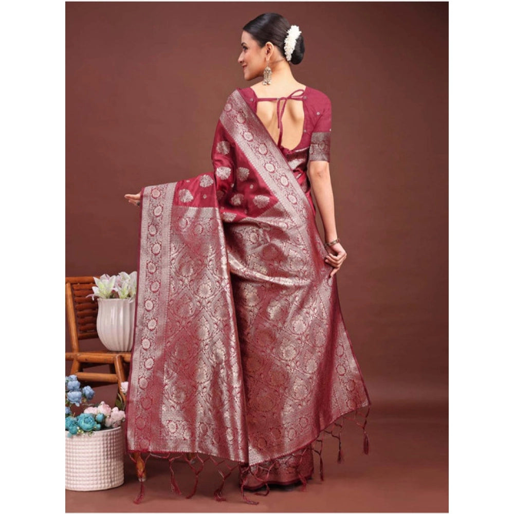 Snuggle Spot Women's Banarasi Silk Printed Saree With Unstitched Blouse 5.5Mtr (Maroon)