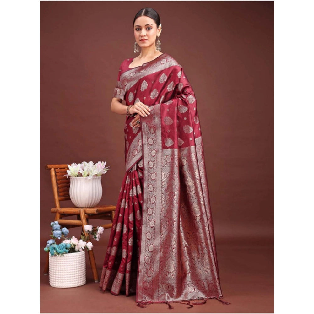 Snuggle Spot Women's Banarasi Silk Printed Saree With Unstitched Blouse 5.5Mtr (Maroon)