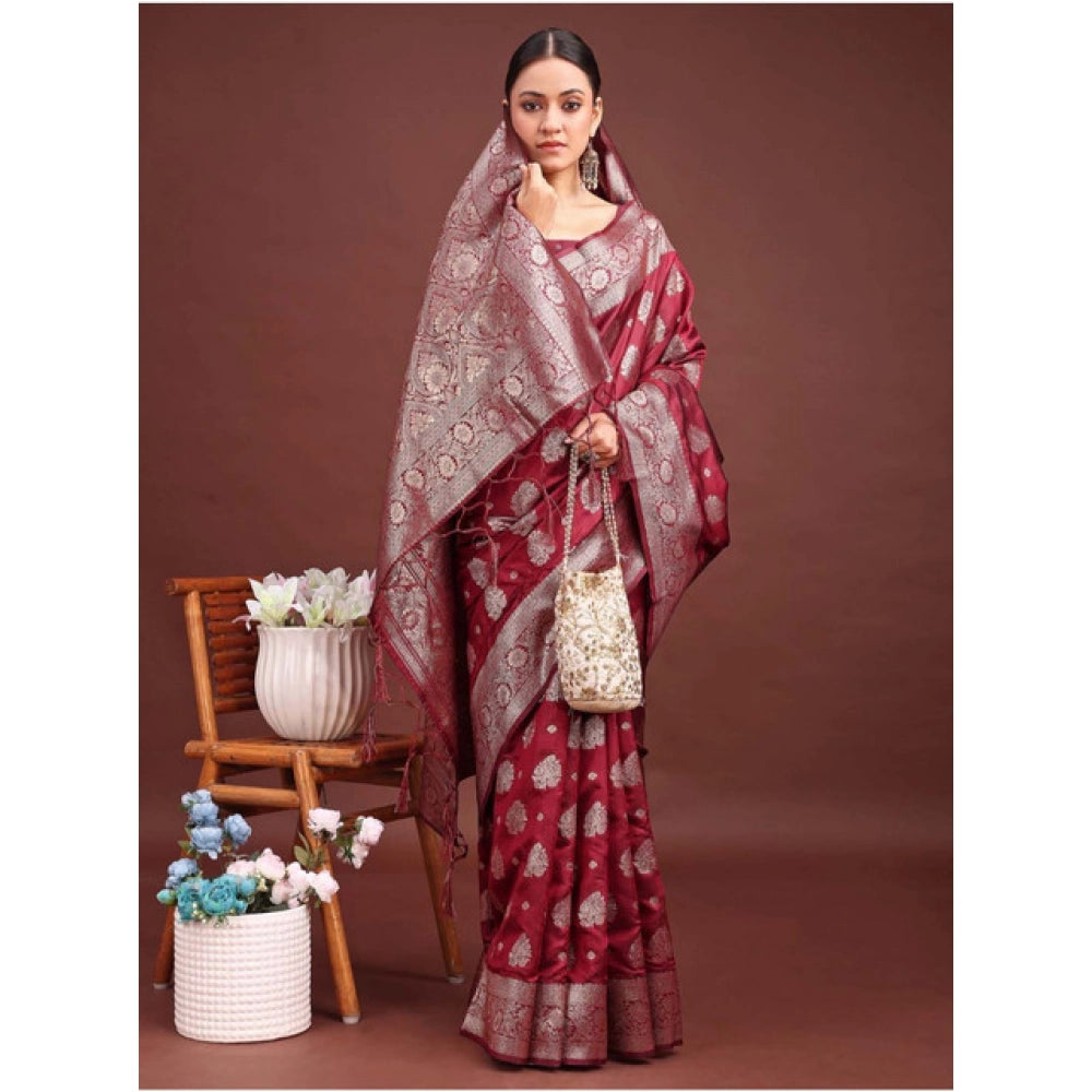 Snuggle Spot Women's Banarasi Silk Printed Saree With Unstitched Blouse 5.5Mtr (Maroon)