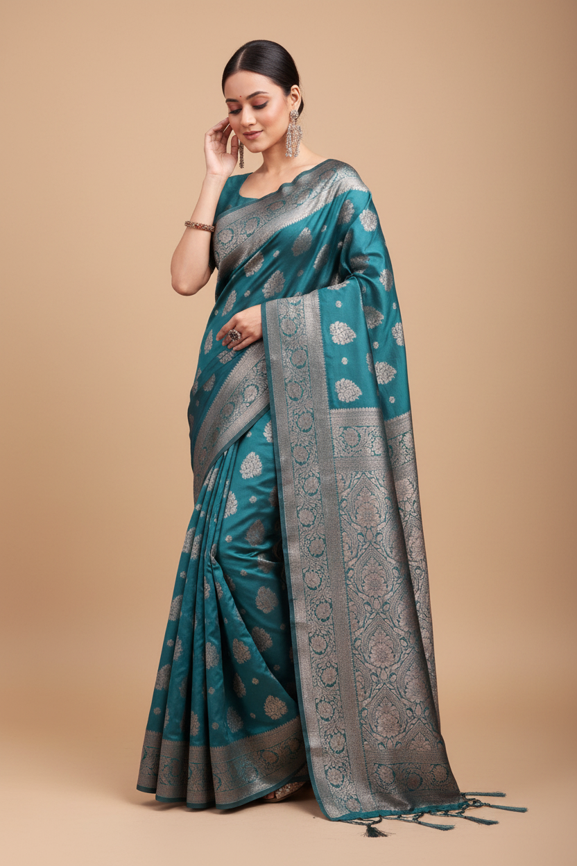 Snuggle Spot Women's Banarasi Silk Printed Saree With Unstitched Blouse 5.5Mtr (Sea Green)