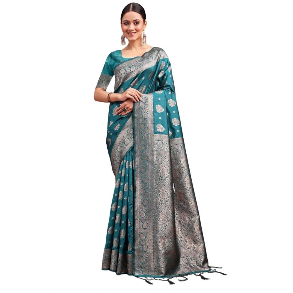 Snuggle Spot Women's Banarasi Silk Printed Saree With Unstitched Blouse 5.5Mtr (Sea Green)