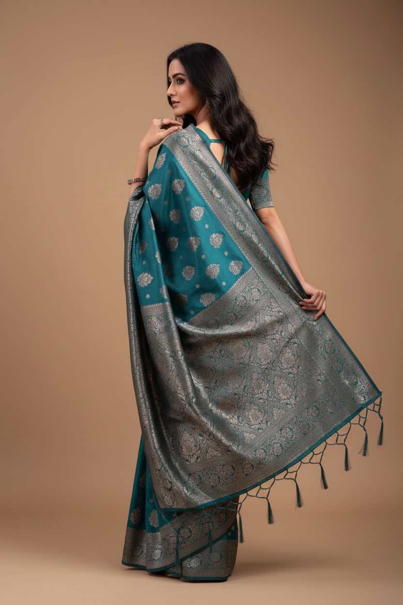 Snuggle Spot Women's Banarasi Silk Printed Saree With Unstitched Blouse 5.5Mtr (Sea Green)