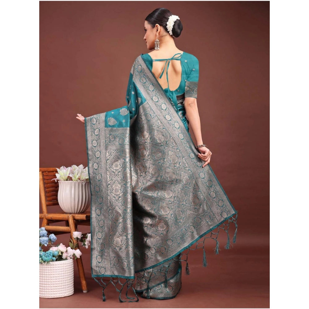 Snuggle Spot Women's Banarasi Silk Printed Saree With Unstitched Blouse 5.5Mtr (Sea Green)