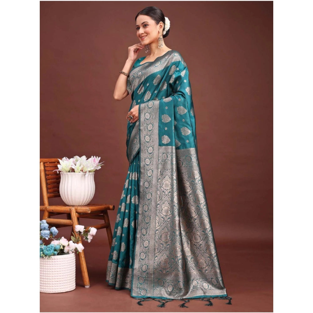 Snuggle Spot Women's Banarasi Silk Printed Saree With Unstitched Blouse 5.5Mtr (Sea Green)