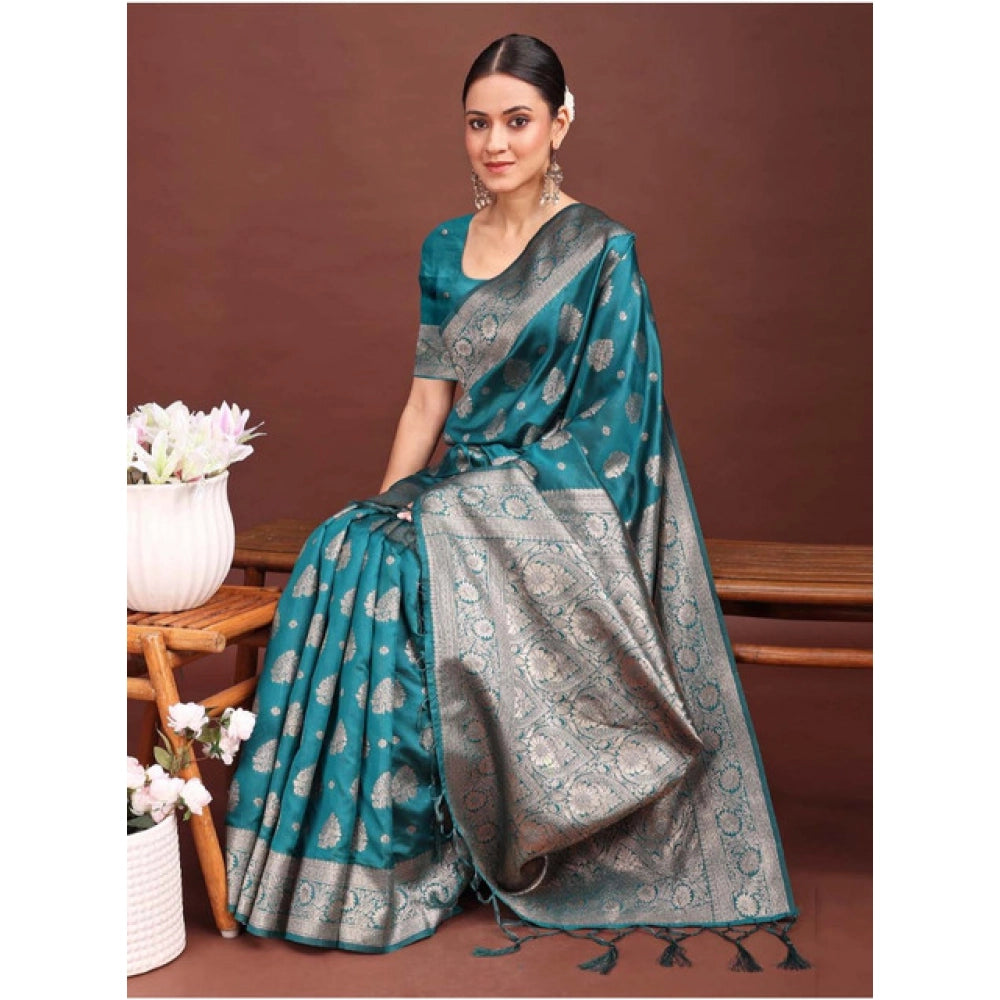 Snuggle Spot Women's Banarasi Silk Printed Saree With Unstitched Blouse 5.5Mtr (Sea Green)