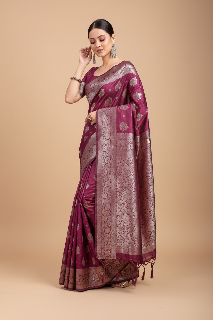 Snuggle Spot Women's Banarasi Silk Printed Saree With Unstitched Blouse 5.5Mtr (Purple)