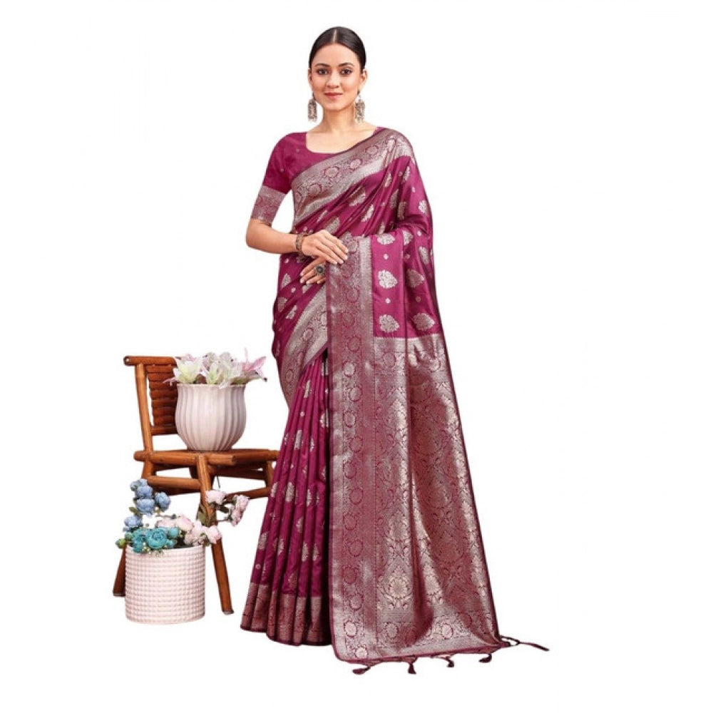 Snuggle Spot Women's Banarasi Silk Printed Saree With Unstitched Blouse 5.5Mtr (Purple)