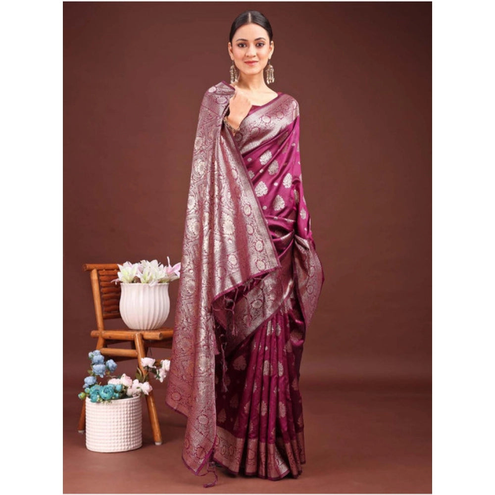 Snuggle Spot Women's Banarasi Silk Printed Saree With Unstitched Blouse 5.5Mtr (Purple)