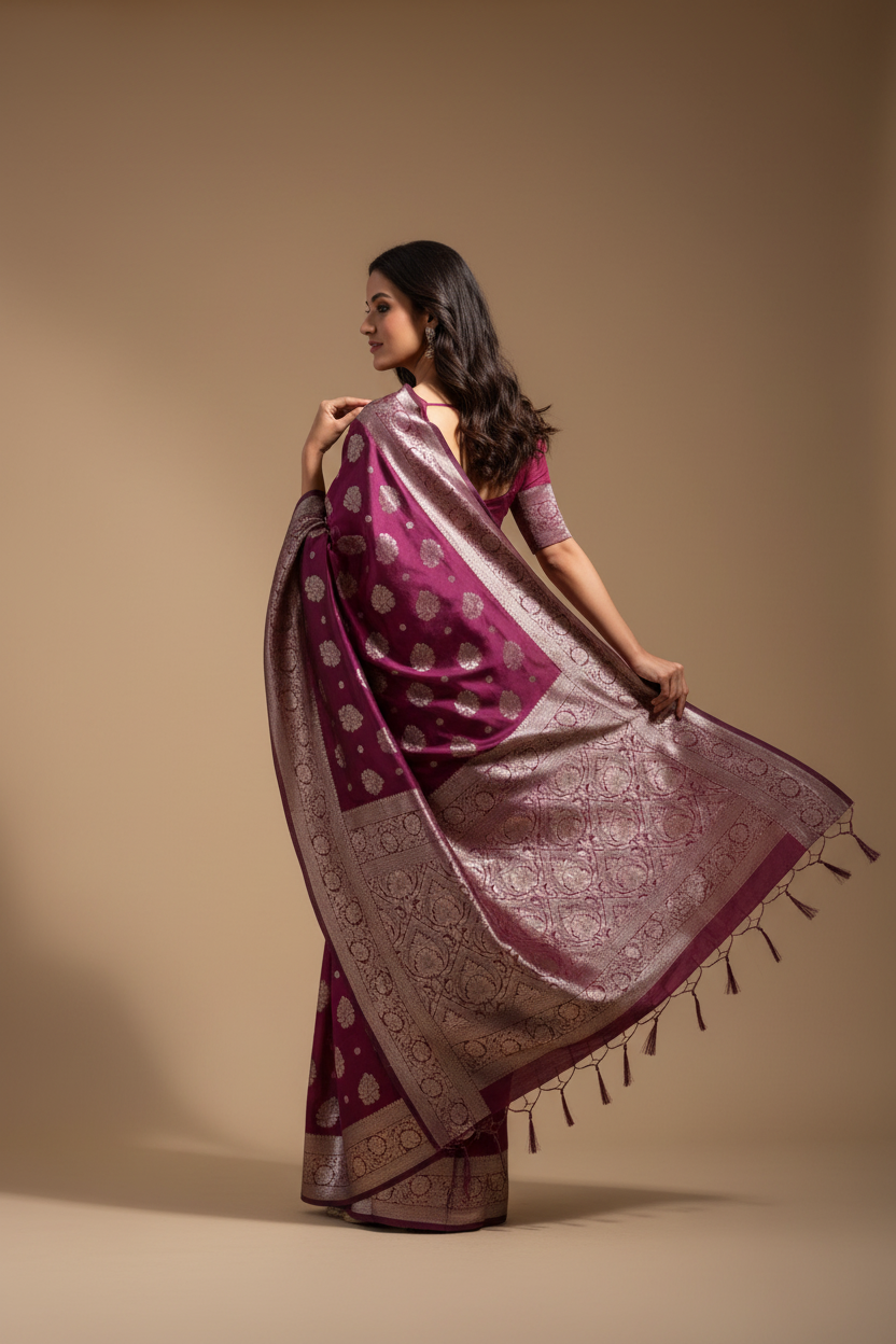Snuggle Spot Women's Banarasi Silk Printed Saree With Unstitched Blouse 5.5Mtr (Purple)