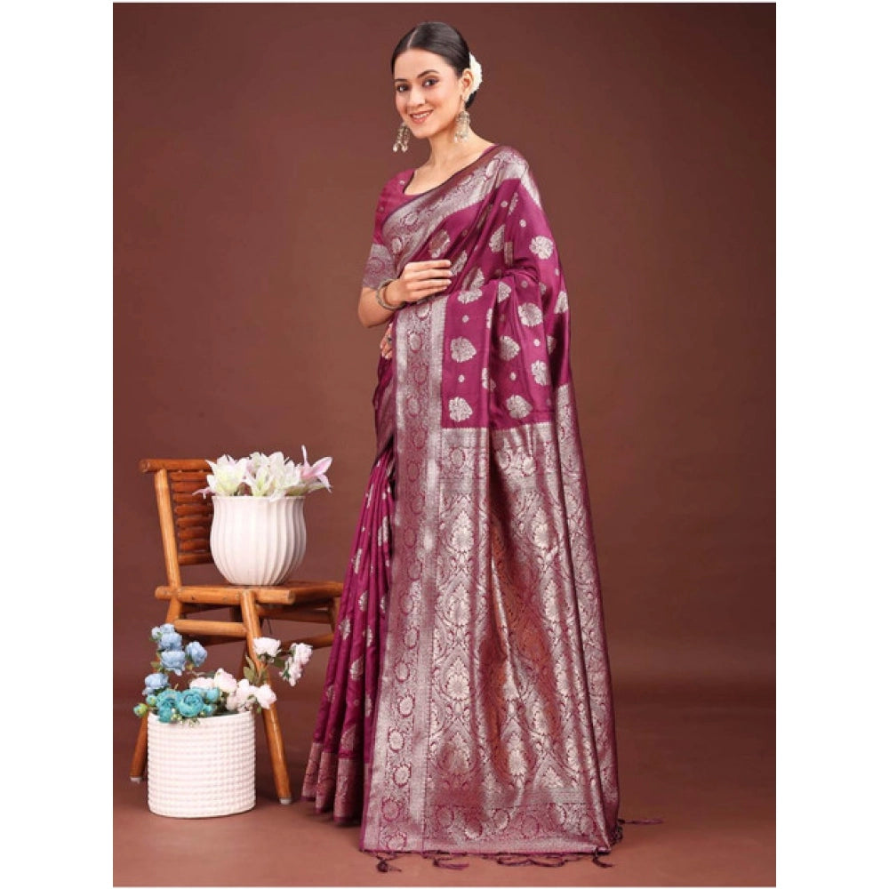 Snuggle Spot Women's Banarasi Silk Printed Saree With Unstitched Blouse 5.5Mtr (Purple)