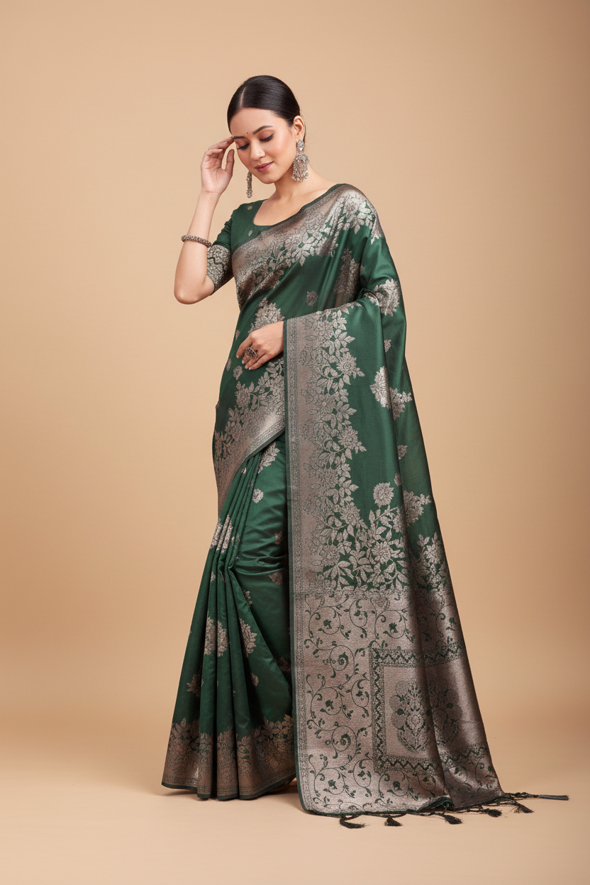 Snuggle Spot Women's Banarasi Silk Printed Saree With Unstitched Blouse 5.5Mtr (Dark Green)