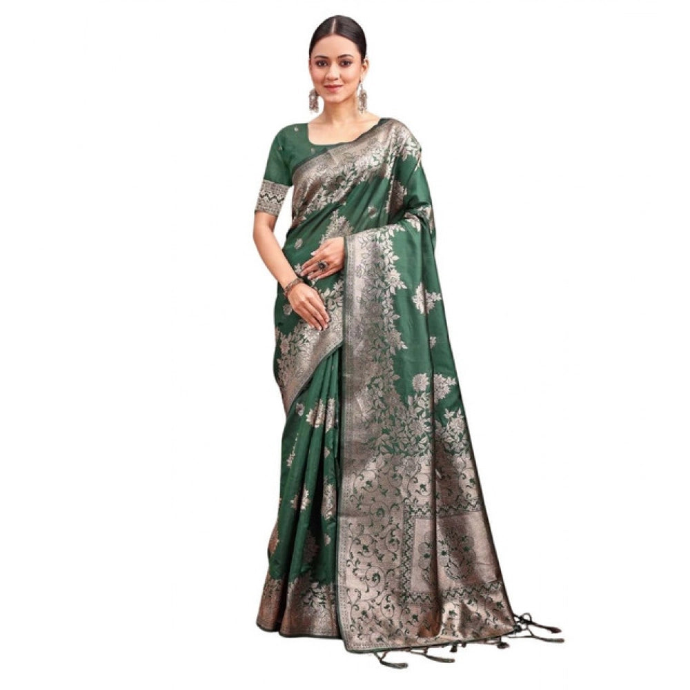 Snuggle Spot Women's Banarasi Silk Printed Saree With Unstitched Blouse 5.5Mtr (Dark Green)