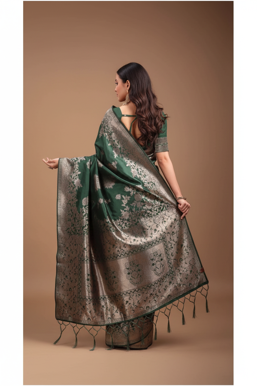 Snuggle Spot Women's Banarasi Silk Printed Saree With Unstitched Blouse 5.5Mtr (Dark Green)