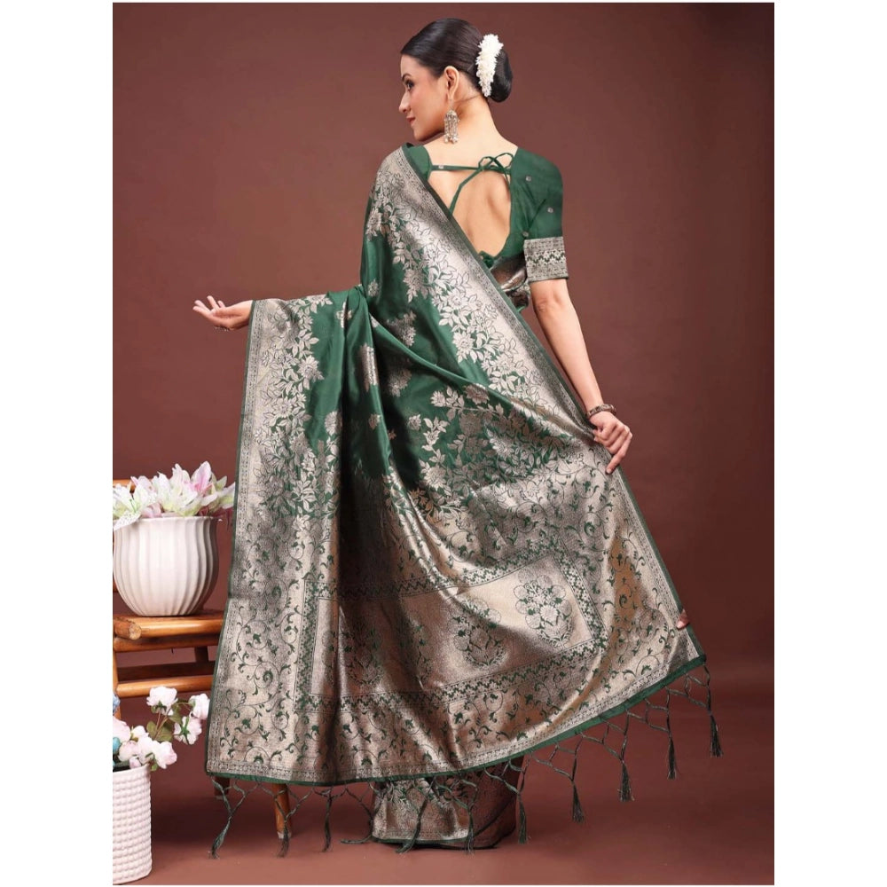 Snuggle Spot Women's Banarasi Silk Printed Saree With Unstitched Blouse 5.5Mtr (Dark Green)