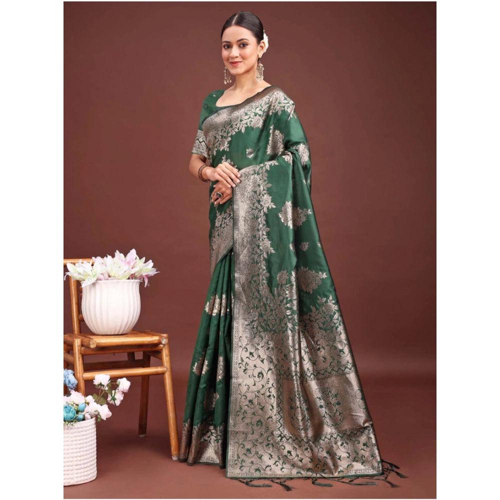 Snuggle Spot Women's Banarasi Silk Printed Saree With Unstitched Blouse 5.5Mtr (Dark Green)