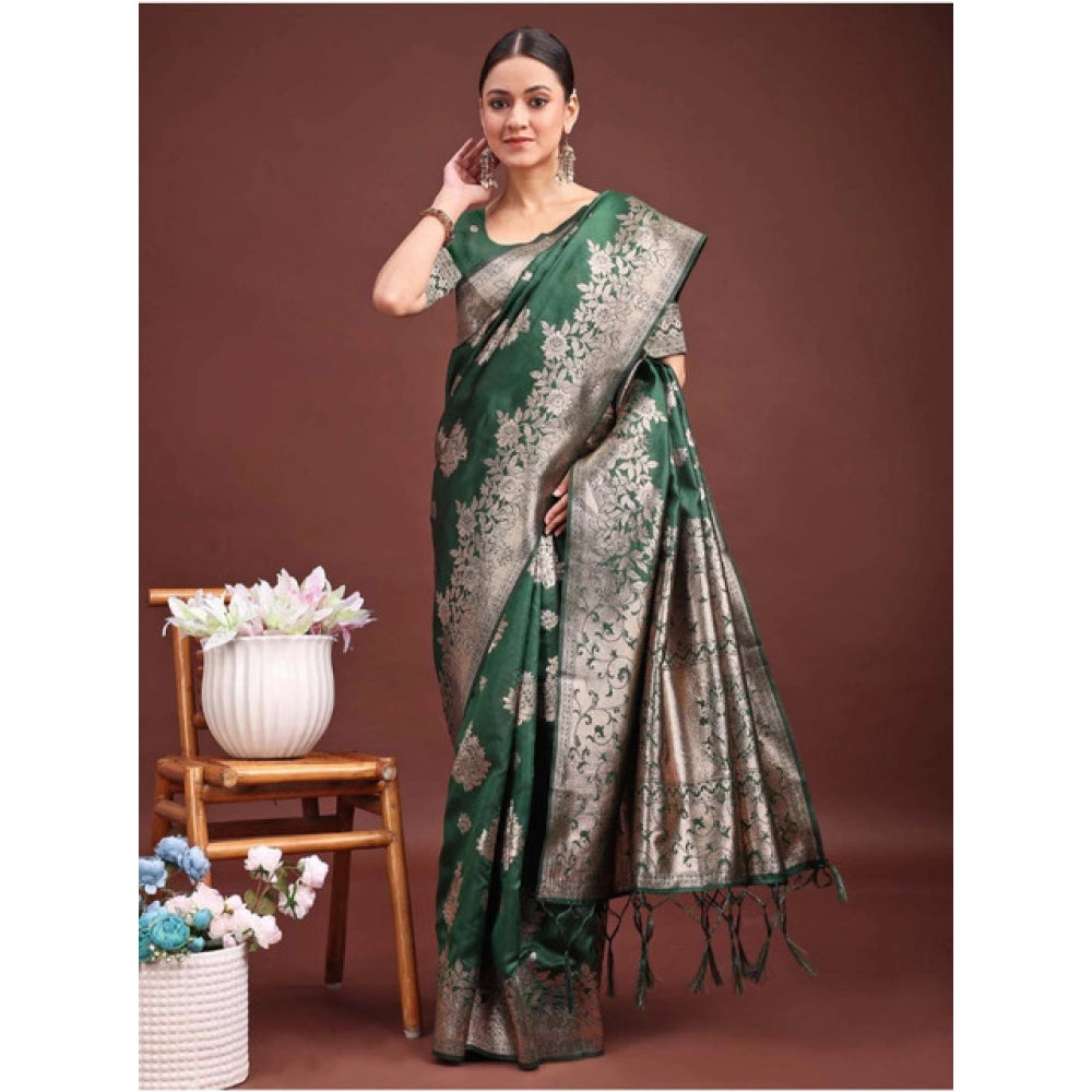 Snuggle Spot Women's Banarasi Silk Printed Saree With Unstitched Blouse 5.5Mtr (Dark Green)