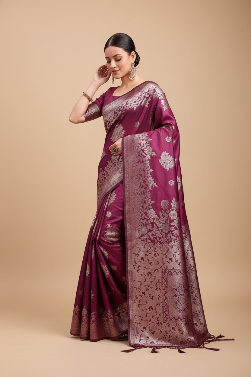 Snuggle Spot Women's Banarasi Silk Printed Saree With Unstitched Blouse 5.5Mtr (Purple)