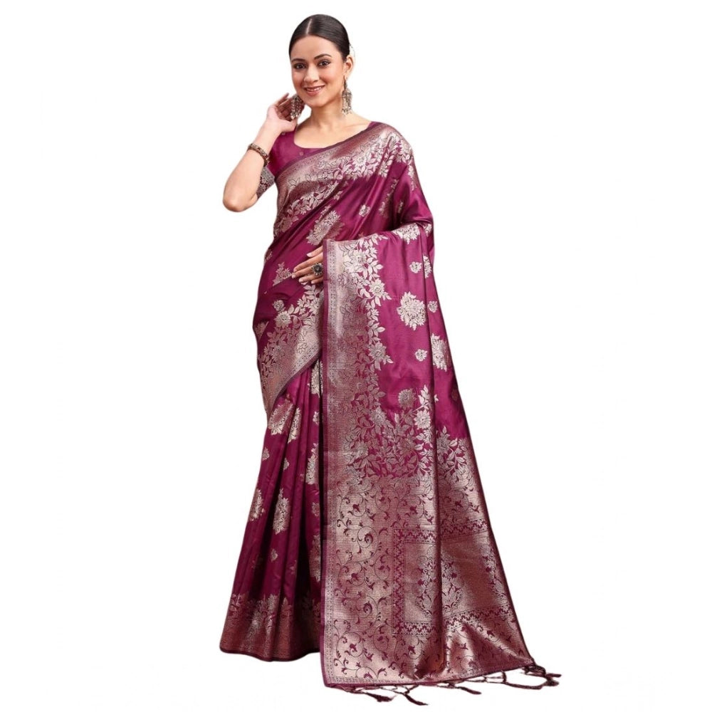 Snuggle Spot Women's Banarasi Silk Printed Saree With Unstitched Blouse 5.5Mtr (Purple)