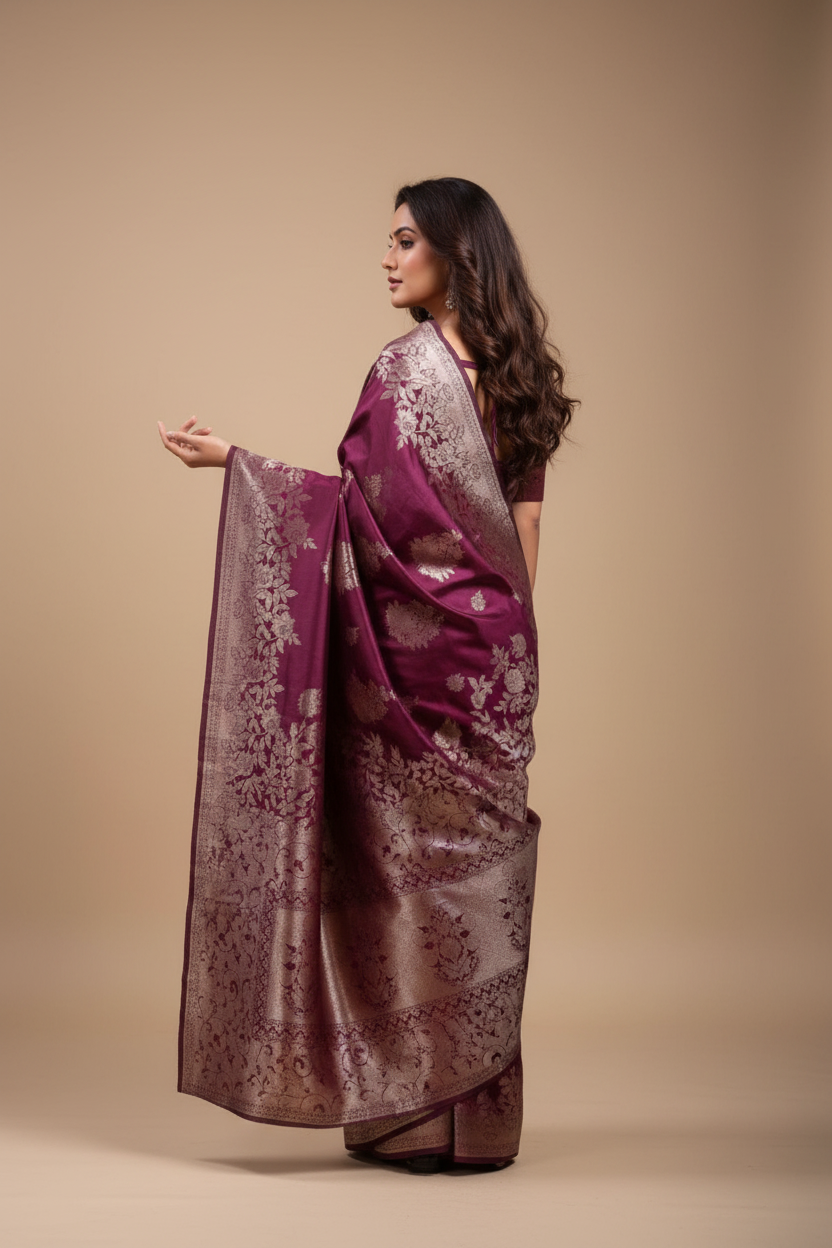 Snuggle Spot Women's Banarasi Silk Printed Saree With Unstitched Blouse 5.5Mtr (Purple)