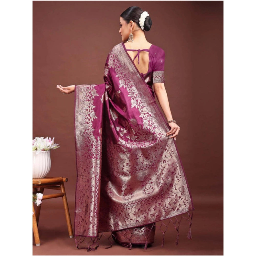 Snuggle Spot Women's Banarasi Silk Printed Saree With Unstitched Blouse 5.5Mtr (Purple)