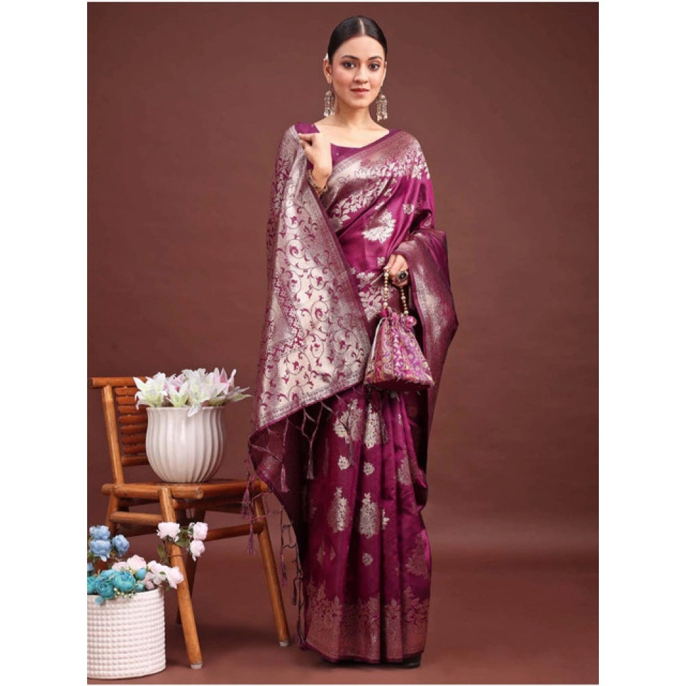Snuggle Spot Women's Banarasi Silk Printed Saree With Unstitched Blouse 5.5Mtr (Purple)