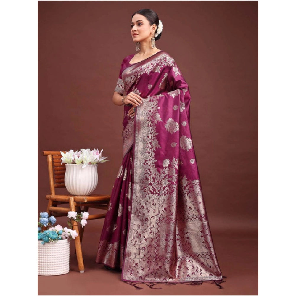 Snuggle Spot Women's Banarasi Silk Printed Saree With Unstitched Blouse 5.5Mtr (Purple)