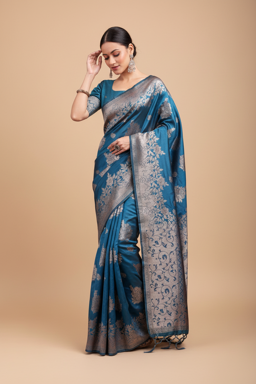 Snuggle Spot Women's Banarasi Silk Printed Saree With Unstitched Blouse 5.5Mtr (Teal Blue)