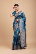 Snuggle Spot Women's Banarasi Silk Printed Saree With Unstitched Blouse 5.5Mtr (Teal Blue)