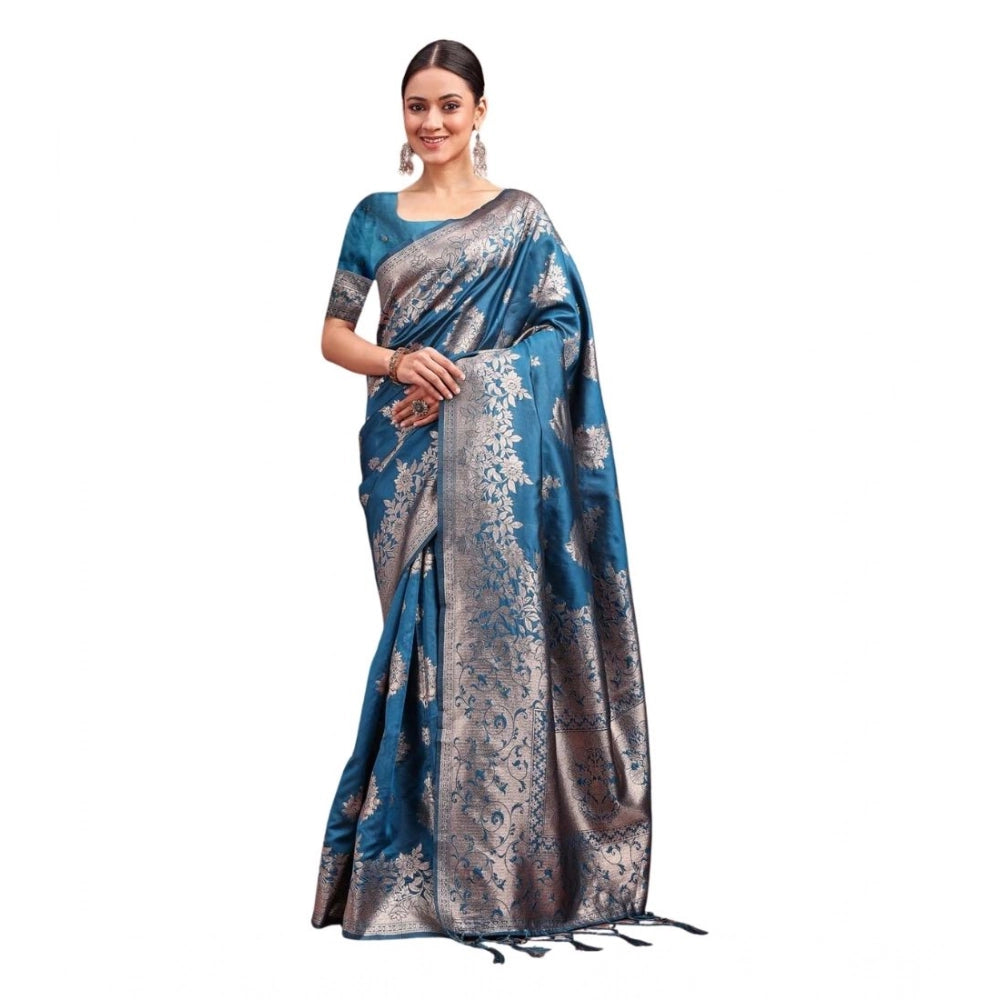 Snuggle Spot Women's Banarasi Silk Printed Saree With Unstitched Blouse 5.5Mtr (Teal Blue)